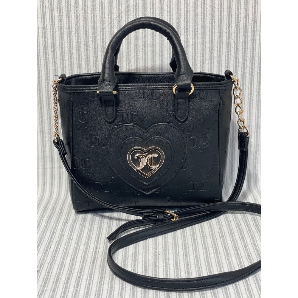 Juicy Couture Black Embossed‎ Logo Heart Crossbody Tote Handbag JC Gold Hardware